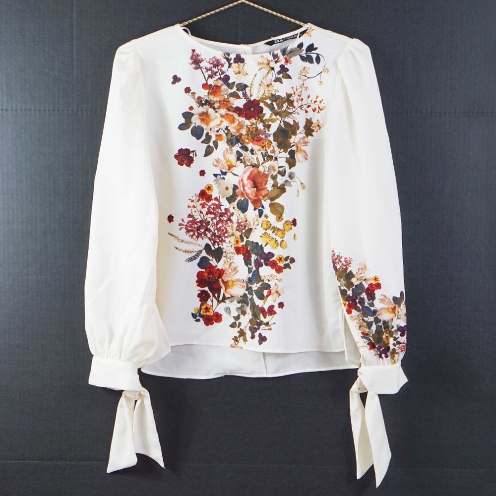 Zara Floral Tie Sleeve Blouse in Cream M - Picture 1 of 6